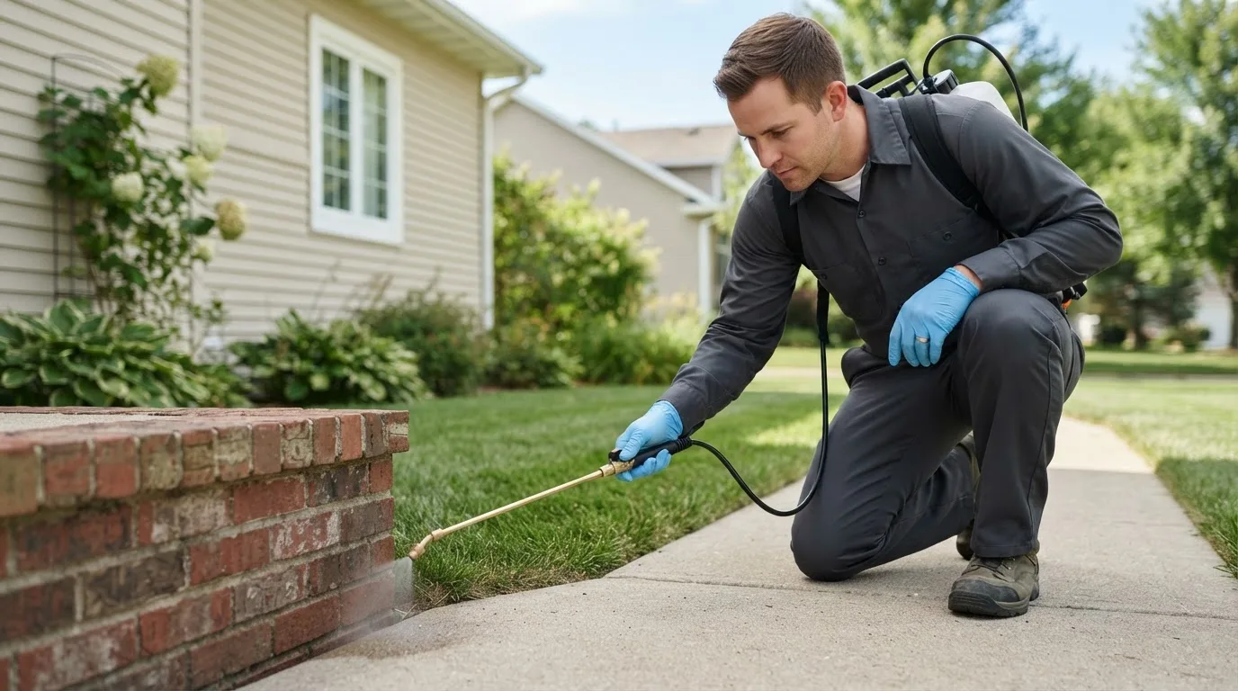 Pest control technician treating a home near Benzonia, MI