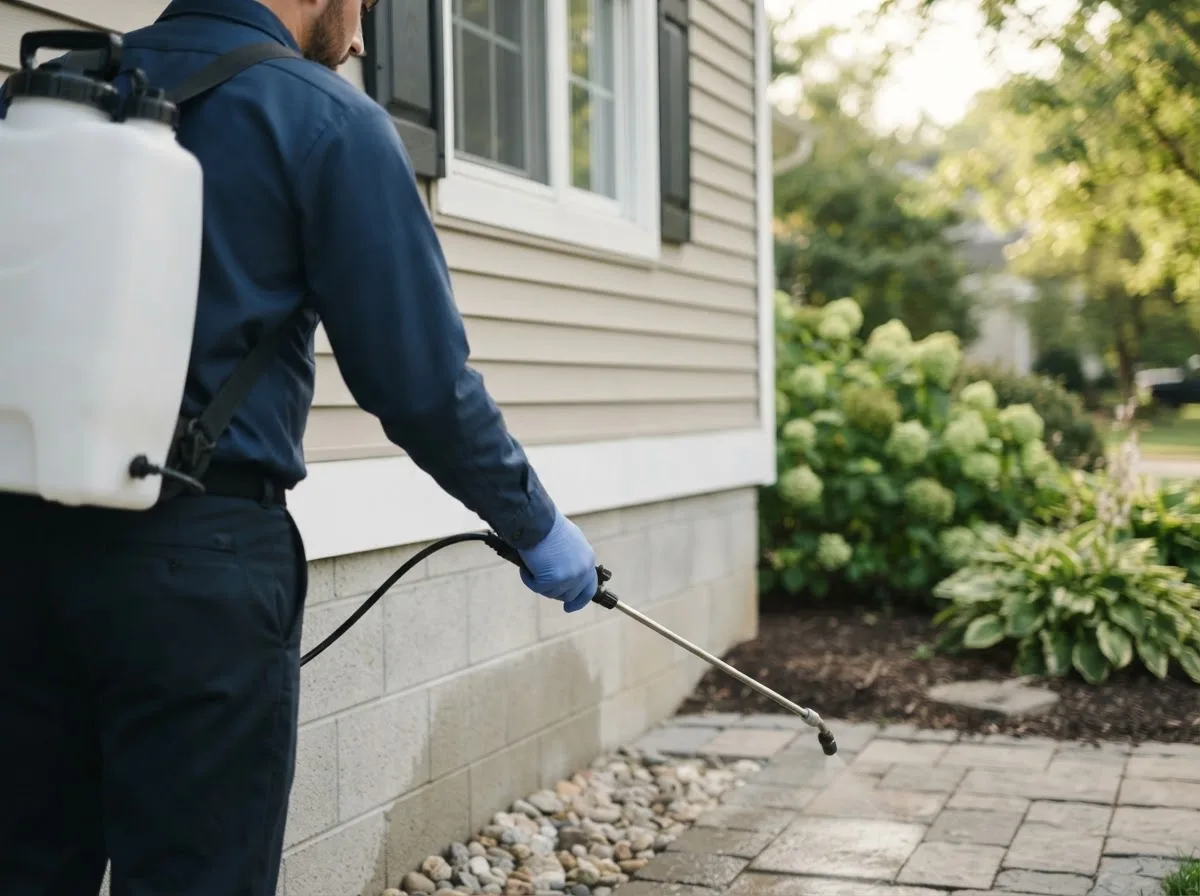 Pest control technician inspecting a home in Benzonia, MI